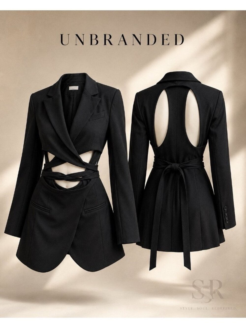 Black Cutout Blazer Dress Open Back Wrap Waist Long Sleeve Mini Dress Size S